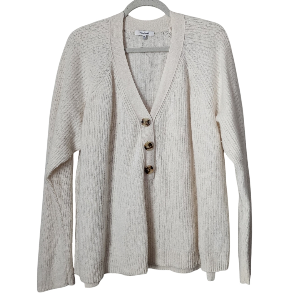 MADEWELL Lyle Rib Henley Sweater merino wool knit in cream size XXL